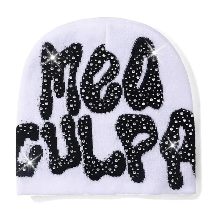 2023 NEW Y2K MEA Culpa Beanies Hat with Rhinestone for Women Men Beanies Hats Hip-Hop Soft Stretch Warm Knitted Slouchy Cap