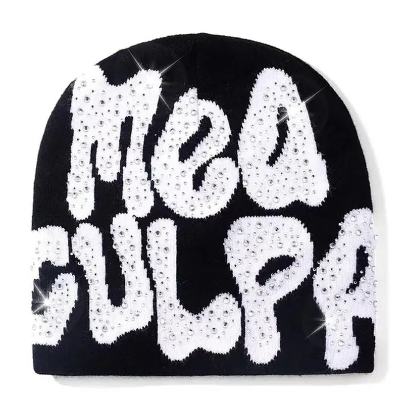2023 NEW Y2K MEA Culpa Beanies Hat with Rhinestone for Women Men Beanies Hats Hip-Hop Soft Stretch Warm Knitted Slouchy Cap